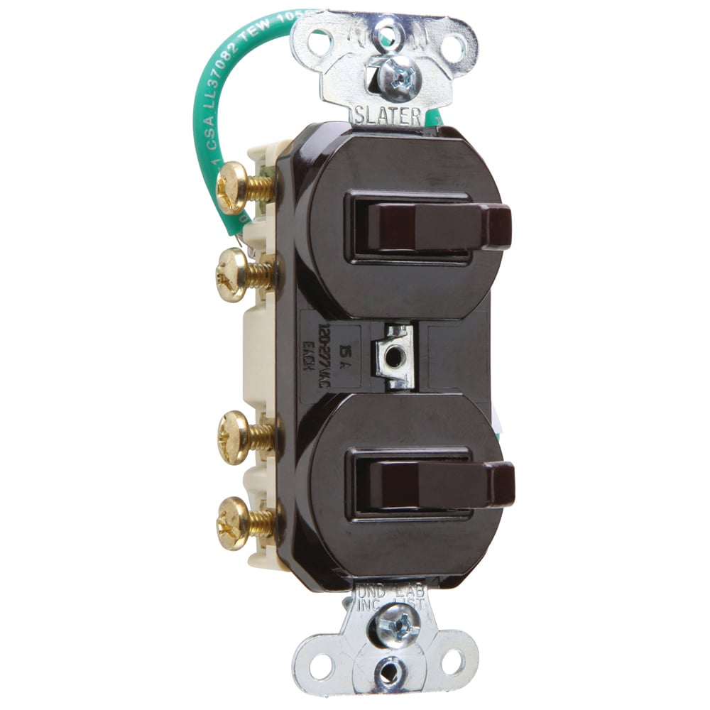 15 amps 120/277 volts, Double Three-way Combination Switch, Grounding, Brown.