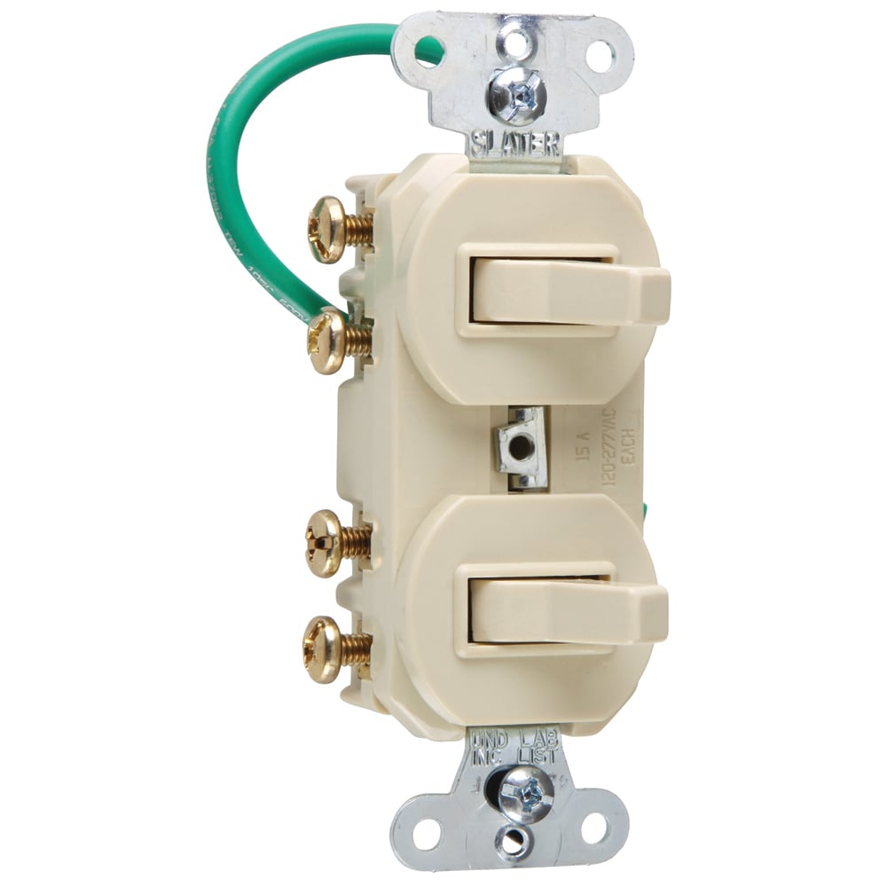 15 amps 120/277 volts, Double Three-way Combination Switch, Grounding, Ivory.
