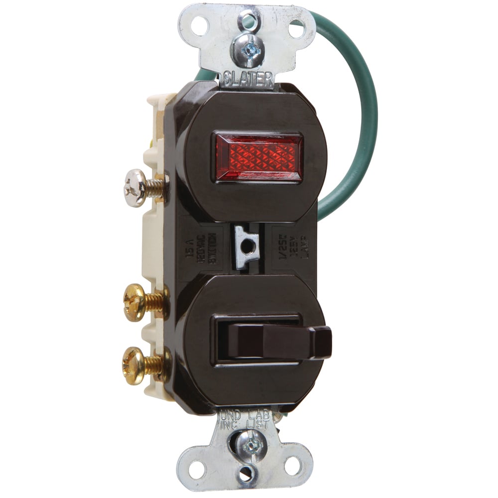 Three-Way, Single Pilot Light, Combination Switch, 15 amps, 120/125 volts, Grounded, Brown.