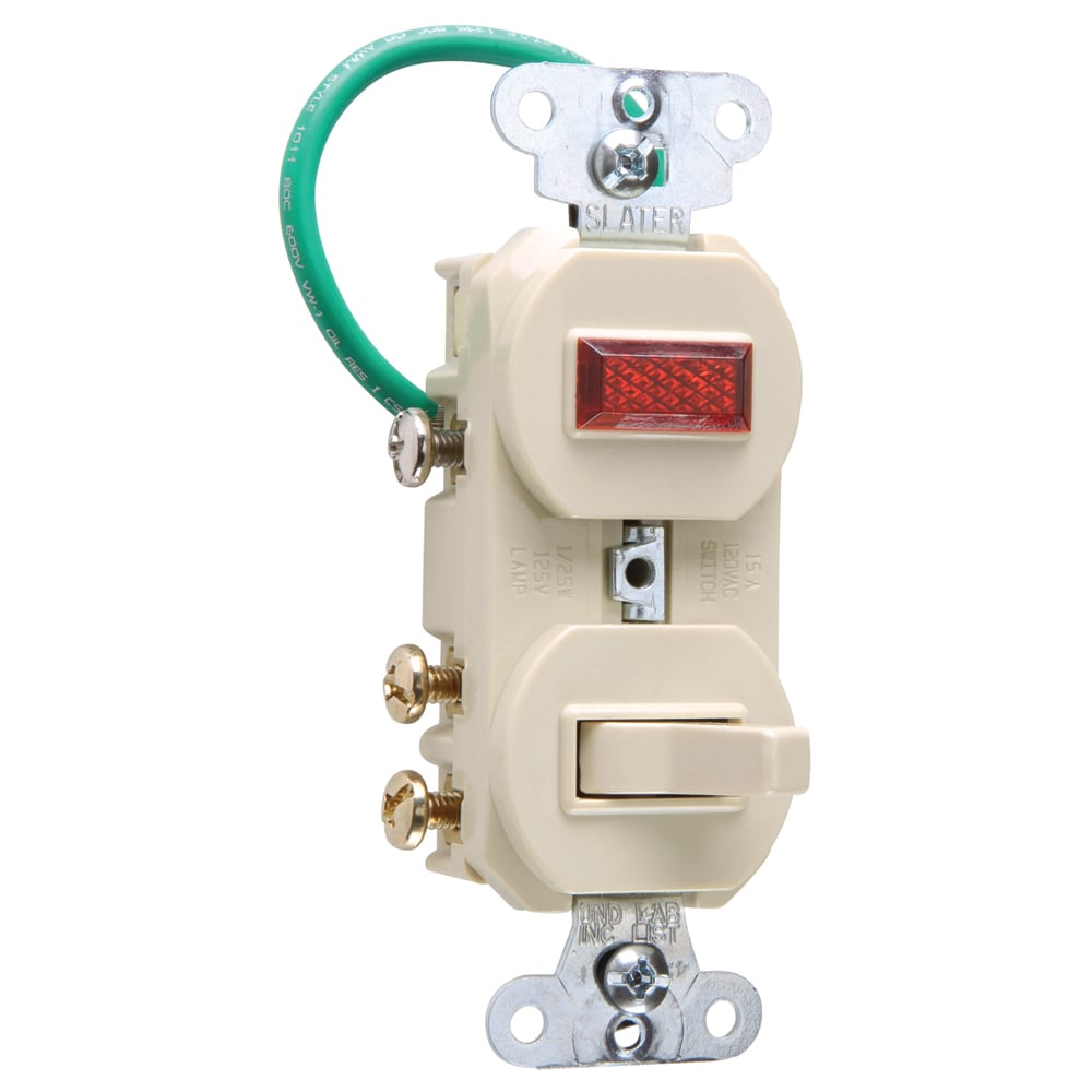 Three-way, Single Pilot Light, Combination Switch, 15 amps, 120/125 volts, Grounded, Ivory.