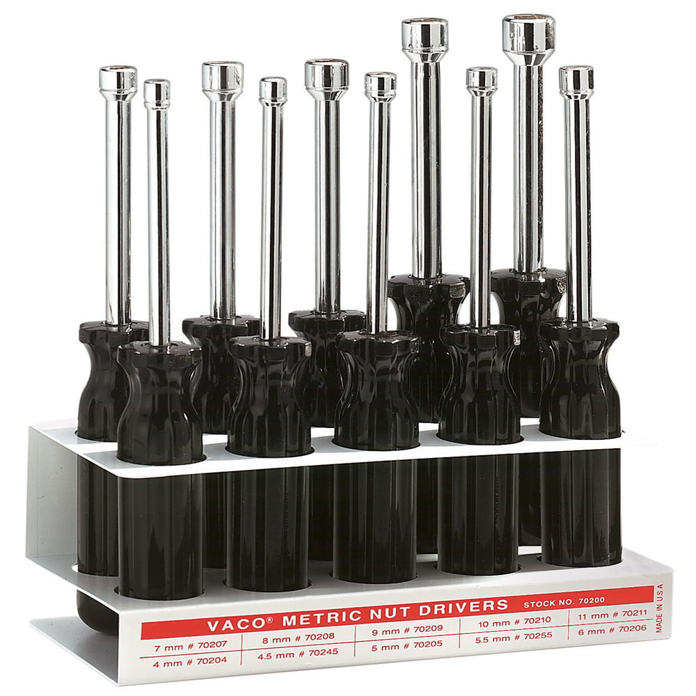 Nut Driver Set, Metric Nut Drivers, 3-Inch Shafts, 10-Piece, All of the metric nut drivers with 3-Inch shafts in this 10-piece set fit in the included white enameled metal stand