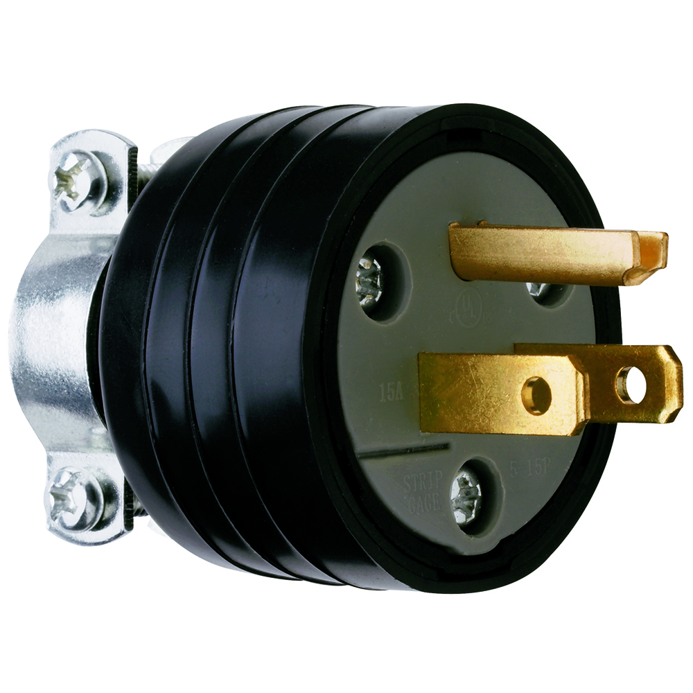 Double pole, Triple wire, Rubber plug with vinyl cord clamp with inner assembly. 15 amp, 125 volt, Black. (Mates with 114GMC)