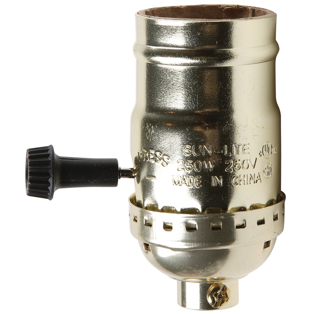 Medium base, metal shell, removable turn knob, electroller, 2 lamp controls, 3 terminals, 1st ON, 2nd ON, both ON, OFF sequence.