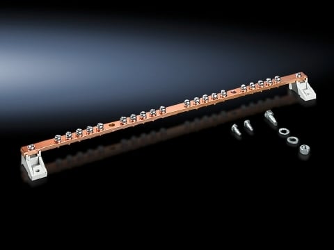 Earth rail, horizontal, for TS, TS IT, SE, supply includes: Earth rail made from E-Cu 57 to DIN EN 12 163, DIN EN 13 601, 15 x 5 mm, 20 connection points with M5 screws, 2 earth connections 25 mm, 2 isolators, Assembly parts