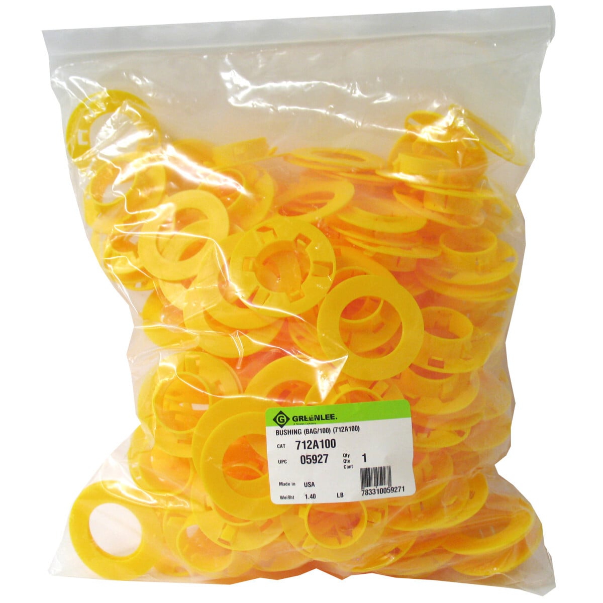 Bushings for 710 Metal Stud Punch Holes 1-11/32" (34.1 mm) Diameter Hole.  Bag of 100.  Triple lock design holds bushing securely.  Locks securely into metal studs from 24 gauge to 12 gauge (0.6 mm to 2.5 mm).  Helps protect wire insulation from sharp edges of metal studs.  Makes pulling smooth and easy by preventing hang-ups of cable on raw metal edges.