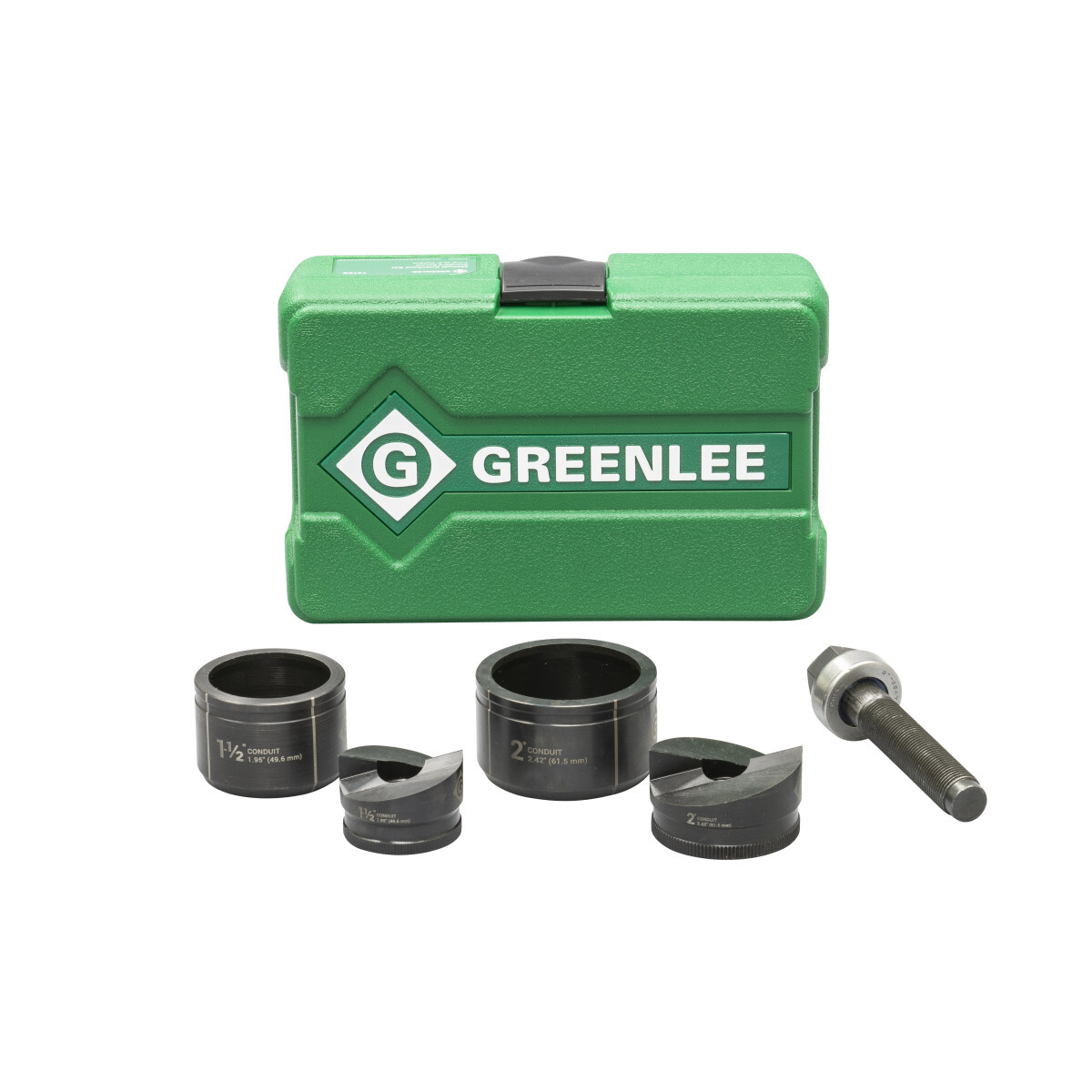 Slug-Buster 1-1/2" - 2" Manual Knockout Set.  For use with new Greenlee KRW-1 high-leverage ratchet wrench. Slug-Buster punch profile splits slugs for easy slug removal. Knurled edge on punches for better grip. New die design optimized for widest range of materials and drivers. Laser markings for quick part identification. Alignment markings for improved accuracy. Easy threading - draw studs with "dog point" tip helps eliminate cross-threading. Punches, dies and case made in the USA. Draw stud manufactured in the USA from US and global components.