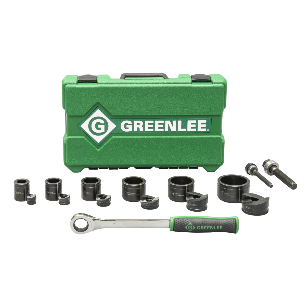 Slug-Buster punch and die set 1/2"-2".  New Greenlee high-leverage wrench with five-degree ratcheting mechanism, Slug-Buster punch profile splits slugs for easy slug removal. Knurled edge on punches for better grip. Laser markings for quick part identification. Alignment markings for improved accuracy. Easy threading - draw studs with "dog point" tip helps eliminate cross-threading.