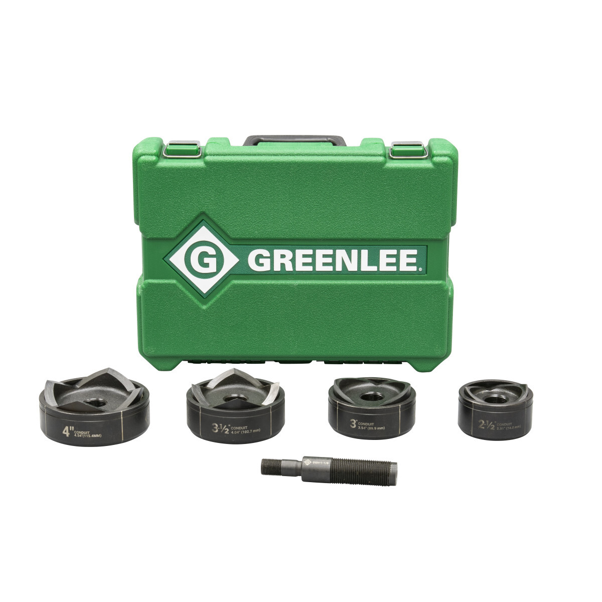 For use with all Greenlee hydraulic (manual or battery) drivers.  Knurled edge on punches for better grip.  New die design optimized for widest range of materials and drivers. Laser markings for quick part identification. Alignment markings for improved accuracy. Easy threading - draw studs with "dog point" tip helps eliminate cross-threading. Hex key access for easy removal from tool. Made in the USA