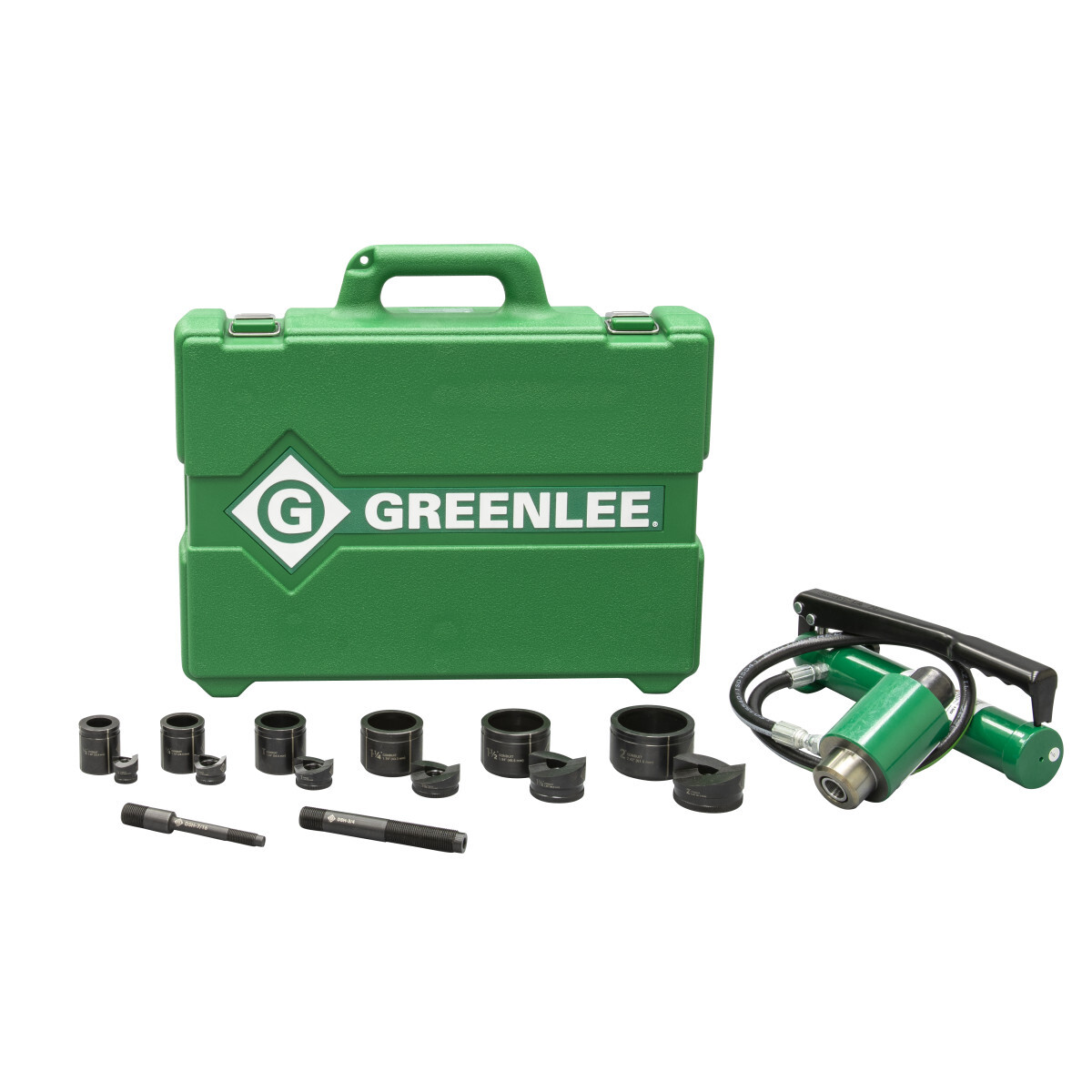 11 ton hydraulic knockout kit with hand pump and Slug-Buster 1/2"-2".  Compact lightweight design for portability and fast, easy one-person operation. Slug-Buster punch profile splits slugs for easy slug removal.  Knurled edge on punches for better grip.  New die design optimized for widest range of materials and drivers.  Laser markings for quick part identification. Alignment markings for improved accuracy. Easy threading draw studs with "dog point" tip helps eliminate cross-threading. Hex key access for easy removal from tool. Works with all Greenlee knockouts. Same draw studs used with Intelli-PUNCH, LS50L2 and 746A ram.  Punches, dies, draw studs and case made in the USA.  Driver manufactured in the USA from US and global components