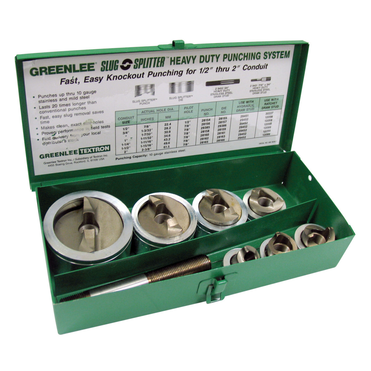 Slug-Splitter SC Knockout Punch Kit for 1/2" - 2" Conduit Size.  Capacities up through 10 gauge (3.5mm) stainless steel.  Self centering punch aligns itself on pilot hole.  Includes punches, dies and draw stud in metal case.  Driver not included.