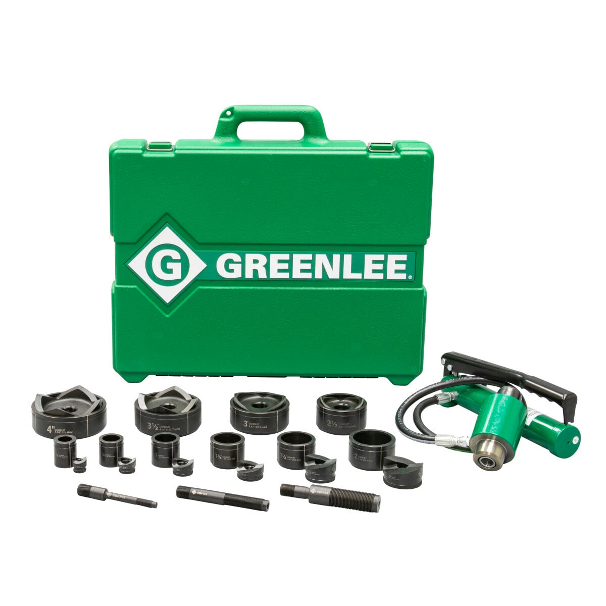 11 ton hydraulic knockout kit with hand pump and Slug-Buster 1/2"-4".  Compact lightweight design for portability and fast, easy one-person operation. Slug-Buster punch profile splits slugs for easy slug removal.  Knurled edge on punches for better grip.  New die design optimized for widest range of materials and drivers.  Laser markings for quick part identification. Alignment markings for improved accuracy. Easy threading draw studs with "dog point" tip helps eliminate cross-threading. Hex key access for easy removal from tool. Works with all Greenlee knockouts. Same draw studs used with Intelli-PUNCH, LS50L2 and 746A ram.  Punches, dies, draw studs and case made in the USA.  Driver manufactured in the USA from US and global components