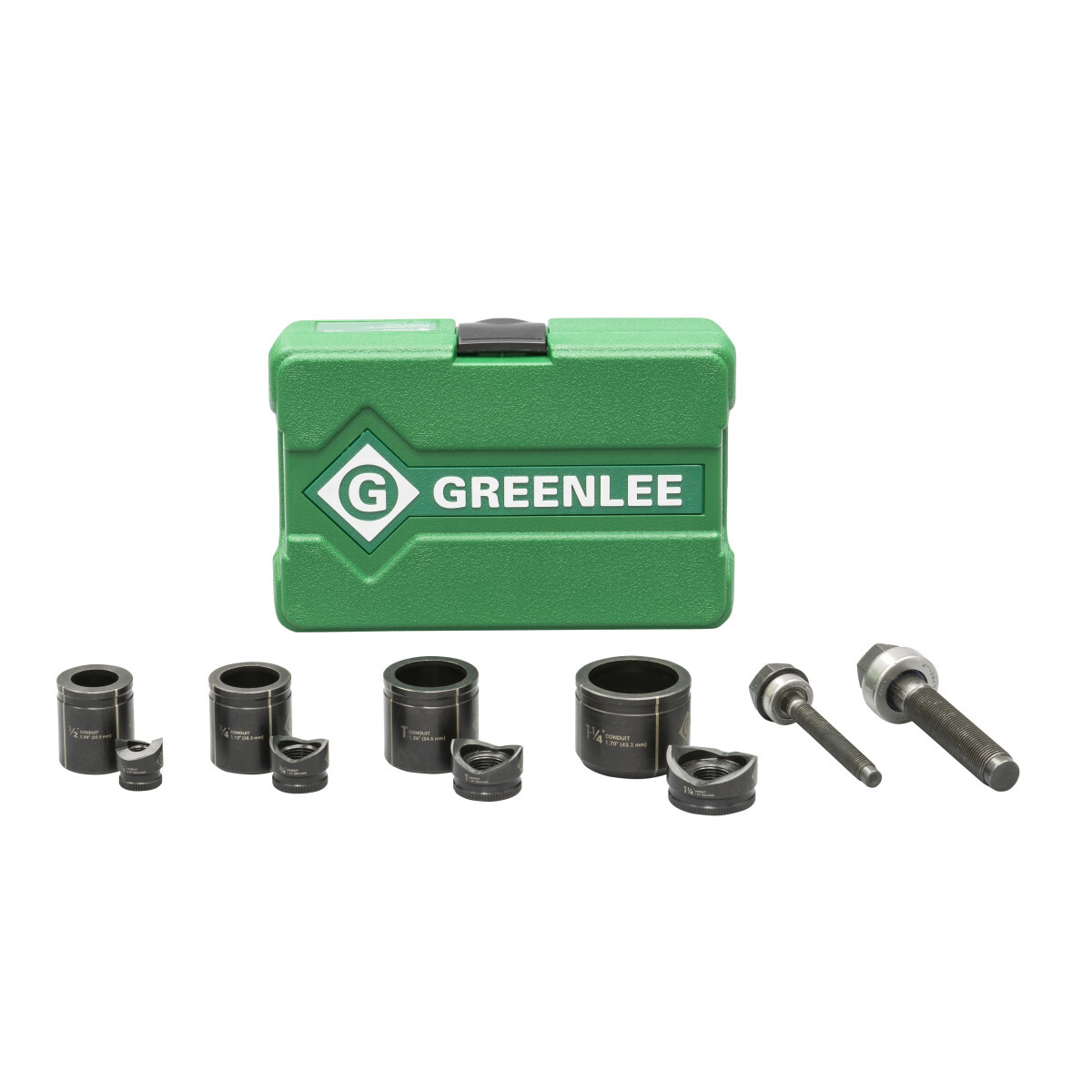 Standard Round 1/2" - 1-1/4" Manual Knockout Set.  For use with new Greenlee KRW-1 high-leverage ratchet wrench. Slug-Buster punch profile splits slugs for easy slug removal. Knurled edge on punches for better grip. New die design optimized for widest range of materials and drivers. Laser markings for quick part identification. Alignment markings for improved accuracy. Easy threading - draw studs with "dog point" tip helps eliminate cross-threading. Punches, dies and case made in the USA. Draw stud manufactured in the USA from US and global components.