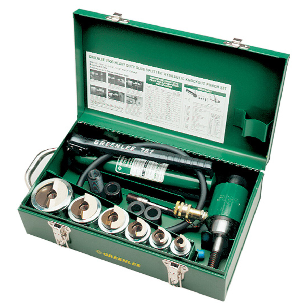 Slug-Splitter SC Knockout Punch Kit for 1/2" - 2" Conduit Size with Hydraulic Ram and Hand Pump.  Capacities up through 10 gauge (3.5mm) stainless steel.  Self centering punch aligns itself on pilot hole.  Includes punches, dies and draw stud in metal case.