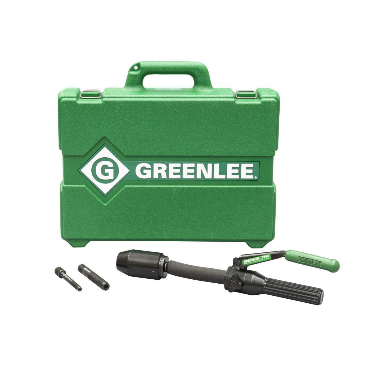 Compact design for portability and fast, easy one-person operation.  Flex Head allows for maximum flexibility in tight working areas.  Easy threading draw studs with "dog point" tip helps eliminate cross-threading. Hex key access for easy removal from tool. Works with all Greenlee knockouts up to 2". Draw studs and case made in the USA. Driver manufactured in the USA from US and global components