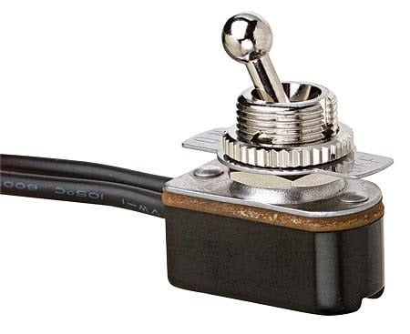IDEAL, Toggle Switch, Medium And Light-Duty, Short Ball, On-Off, Voltage Rating: 125, 250 VAC, Number Of Poles: 1, Amperage Rating: 6, 3 AMP, Action: SPST, Connection: Wire Leads, 2 Terminals, Wire Leads Are 18 AWG, 6 IN Stripped Wire, Actuator: Toggle, Size: 0.890 IN Length X 0.470 IN Width X 0.550 IN Height, Mounting: 1/2 IN Hole Diameter