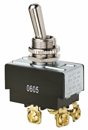 IDEAL, Toggle Switch, Heavy-Duty, On-OFF, Voltage Rating: 125, 227 VAC, Number Of Poles: 2, Amperage Rating: 20, 10 AMP, Action: DPST, Connection: Spade, 4 Terminals, Actuator: Toggle, Contact Rating: Factory Tested 100000 Cycles To 21 AMP 14.8 VDC DC Rating, Size: 1.300 IN Length X 0.760 IN Width X 0.800 IN Height, Mounting: 1/2 IN Hole Diameter, Operating Cycles: 100000 Cycles Mechanical Life, Operating Temperature: 32 To 185 DEG F, Dielectric Strength: 1500 V, Finish: Solid Brass/Nickel-Plated Bushings, Hp Rating: 1-1/2 HP At 125 To 250 VAC
