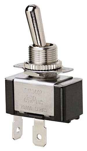 IDEAL, Toggle Switch, Standard, On-Off, Voltage Rating: 125, 227 VAC, Number Of Poles: 1, Amperage Rating: 20, 10 AMP, Action: SPST, Connection: Spade, 2 Terminals, Actuator: Toggle, Contact Rating: Factory Tested 100000 Cycles To 21 AMP 14.8 VDC DC Rating, Size: 1.130 IN Length X 0.570 IN Width X 0.610 IN Height, Mounting: 1/2 IN Hole Diameter, Operating Cycles: 100000 Cycles Mechanical Life, Operating Temperature: 32 To 185 DEG F, Dielectric Strength: 1500 V, Finish: Solid Brass/Nickel-Plated Bushings, Hp Rating: 3/4 HP At 125 To 250 VAC, Includes: On-Off Faceplate