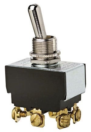 IDEAL, Toggle Switch, Heavy-Duty, On-On, Voltage Rating: 125, 227 VAC, Number Of Poles: 2, Amperage Rating: 20, 10 AMP, Action: DPDT, Connection: Screw, 6 Terminals, Actuator: Toggle, Contact Rating: Factory Tested 100000 Cycles To 21 AMP 14.8 VDC DC Rating, Size: 1.300 IN Length X 0.760 IN Width X 0.800 IN Height, Mounting: 1/2 IN Hole Diameter, Operating Cycles: 100000 Cycles Mechanical Life, Operating Temperature: 32 To 185 DEG F, Dielectric Strength: 1500 V, Finish: Solid Brass/Nickel-Plated Bushings, Hp Rating: 1-1/2 HP At 125 To 250 VAC