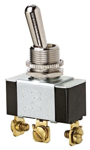IDEAL, Toggle Switch, Standard, On-Off-On, Voltage Rating: 125, 227 VAC, Amperage Rating: 20, 10 AMP, Number Of Poles: 1, Action: SPDT, Connection: Spade, 3 Terminals, Actuator: Toggle, Contact Rating: Factory Tested 100000 Cycles To 21 AMP 14.8 VDC DC Rating, Size: 1.130 IN Length X 0.570 IN Width X 0.610 IN Height, Mounting: 1/2 IN Hole Diameter, Operating Cycles: 100000 Cycles Mechanical Life, Operating Temperature: 32 To 185 DEG F, Dielectric Strength: 1500 V, Finish: Solid Brass/Nickel-Plated Bushings, Hp Rating: 3/4 HP At 125 To 250 VAC