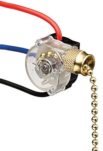 IDEAL, Switch, Pull,Off-On(A)-On(B)-On(A+B), 3-Speed, Voltage Rating: 125 VAC, 250 Vac, Amperage Rating: 6, 3 AMP, Number Of Poles: 1, Actuator: Pull Chain, Connection: Wire Leads, 4 Pos -3 Wire Circuit, Size: 0.870 L x 150 W x 0.650 H IN, Mounting: 13/32 IN Diameter Mounting Hole, Color: Brass, Wire Size: 18 AWG Wire Lead, 6 IN Stripped Wire, Action: SPTT