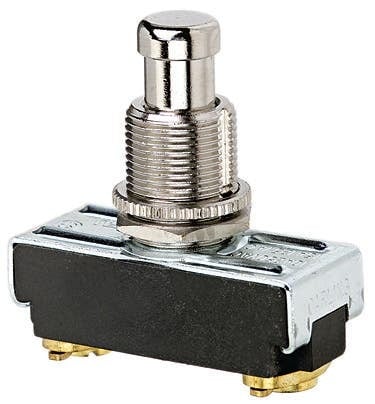 IDEAL, Push Button Switch, Momentary Contact,(On)-Off, Voltage Rating: 125, 250 VAC, Action: SPST, Amperage Rating: 15, 10 AMP, Number Of Poles: 1, Contact Configuration: NO, Connection: Screw, 2 Terminals, Wire Leads Are 18 AWG, 6 IN Stripped Wire, Actuator: Nickel Plated, Size: 1.380 IN Length X 0.580 IN Width X 0.600 IN Height, Mounting: 1/2 IN Hole Diameter, Contact: Momentary