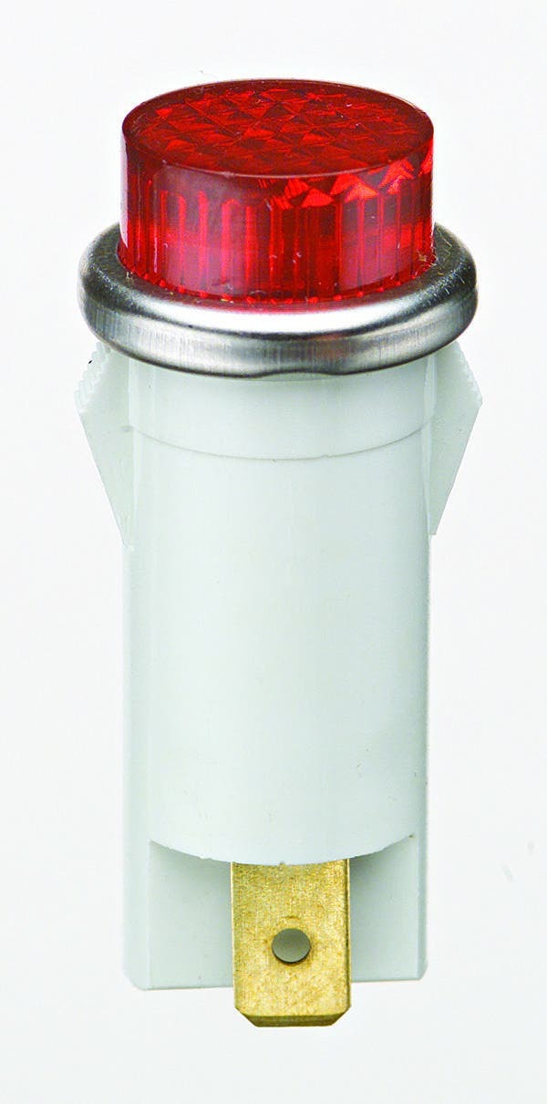 IDEAL, Indicator Light, Raised, Wattage: 1/3 WTT, Voltage Rating: 125 V, Amperage Rating: 2 MILAMP Max, Color: Red Lens, Average Life: 25000 HR, Mounting: 1/2 IN Diameter, Operating Temperature: Nylon Body: 140 DEG C, Polycarbonate Lens: 135 DEG C, Bezel: 0.100 IN Height, Flammability Rating: 94V-2, Material: Nylon Body With Raised Transparent Polycarbonate Lens And Stainless Steel Bezel, Lamp Type: Neon, Termination Style: 0.187 IN Spade, Lamp Height: 0.200 IN