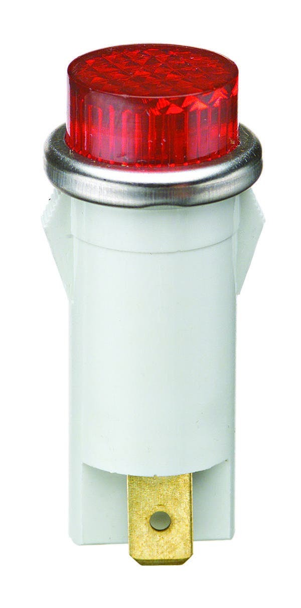 IDEAL, Indicator Light, Raised, Wattage: 1/2 WTT, Voltage Rating: 250 V, Amperage Rating: 2 MILAMP Max, Color: Red Lens, Average Life: 25000 HR, Mounting: 1/2 IN Diameter, Operating Temperature: Nylon Body: 140 DEG C, Polycarbonate Lens: 135 DEG C, Bezel: 0.100 IN Height, Flammability Rating: 94V-2, Material: Nylon Body With Raised Transparent Polycarbonate Lens And Stainless Steel Bezel, Lamp Type: Neon, Termination Style: 6 IN Wire Leads, Lamp Height: 0.200 IN