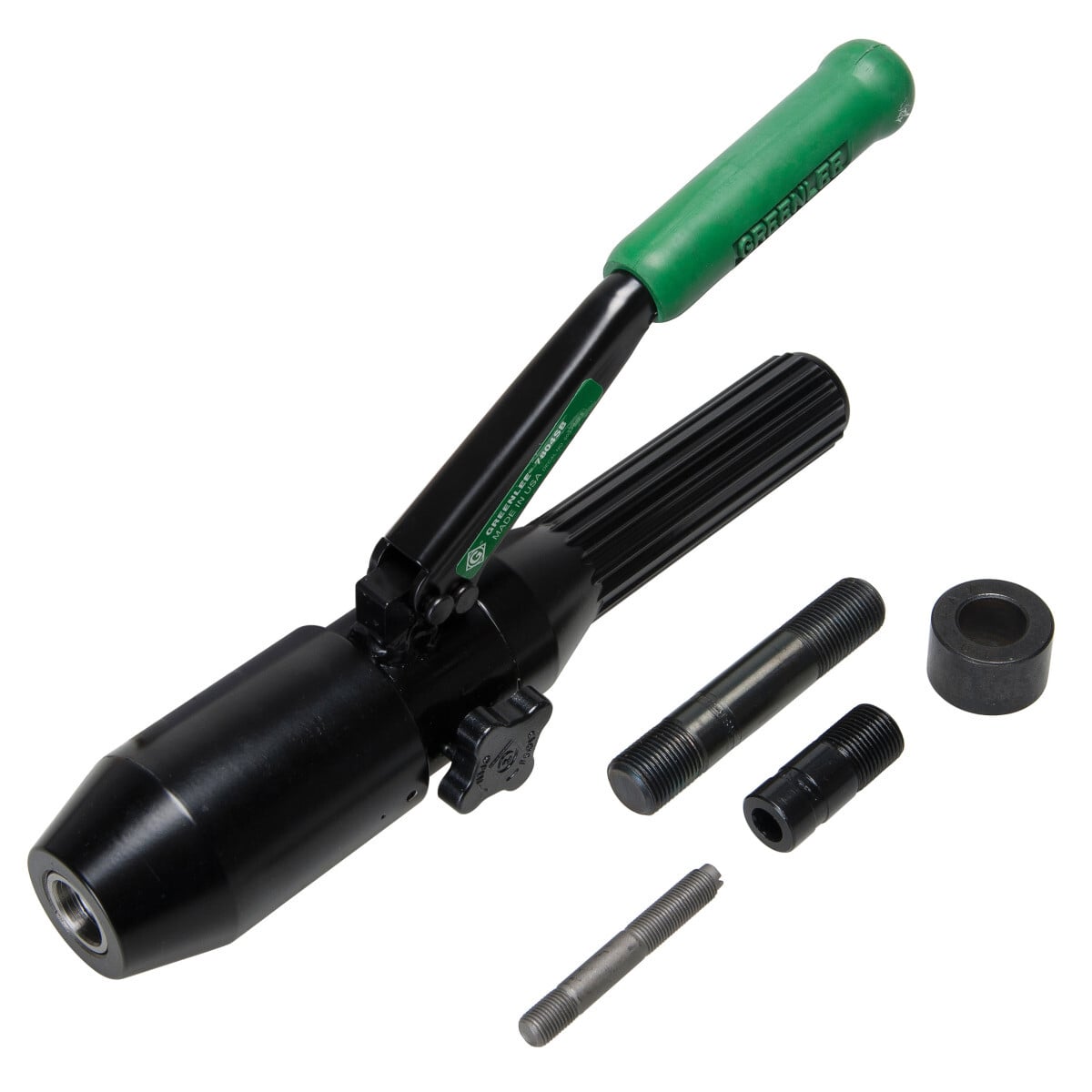 Quick Draw Driver.  Draw studs, adapter, spacer and case.   Compact, lightweight design for portability and fast, easy one-person operation.  Develops 8 tons of hydraulic force for easy punching, even in 10-gauge stainless steel, depending on individual punch capacities.  Right angle driver head rotates over 180 for maximum flexibility in tight working areas.  Can be used with non-round punches within the capacity of the tool (adapter may be required).  U.S. Patent #6,772,521.
