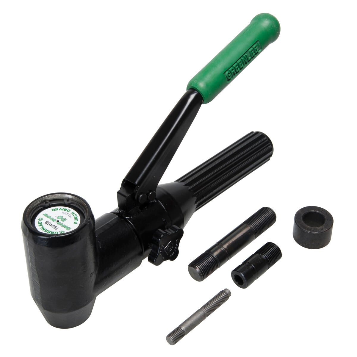 Quick Draw 90 Driver Metric.  Draw studs, adapter, spacer and case.   Compact, lightweight design for portability and fast, easy one-person operation.  Develops 8 tons of hydraulic force for easy punching, even in 10-gauge stainless steel, depending on individual punch capacities.  Right angle driver head rotates over 180 for maximum flexibility in tight working areas.  Can be used with non-round punches within the capacity of the tool (adapter may be required).  U.S. Patent #6,772,521.