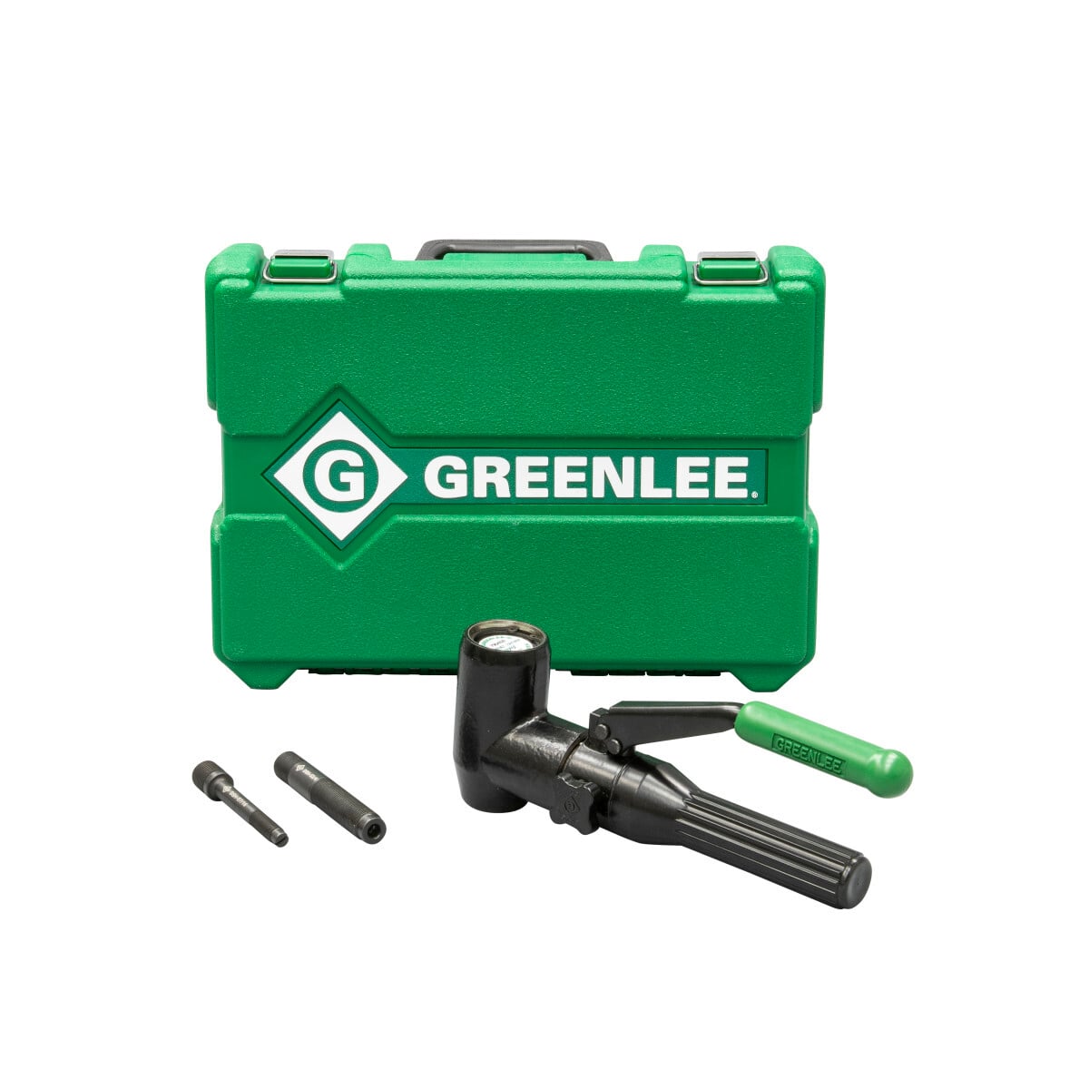 Compact design for portability and fast, easy one-person operation. Right angle driver head rotates over 180 degrees for maneuverability in tight work areas.  Easy threading draw studs with "dog point" tip helps eliminate cross-threading. Hex key access for easy removal from tool. Works with all Greenlee knockouts up to 2".  Draw studs and case made in the USA.  Driver manufactured in the USA from US and global components