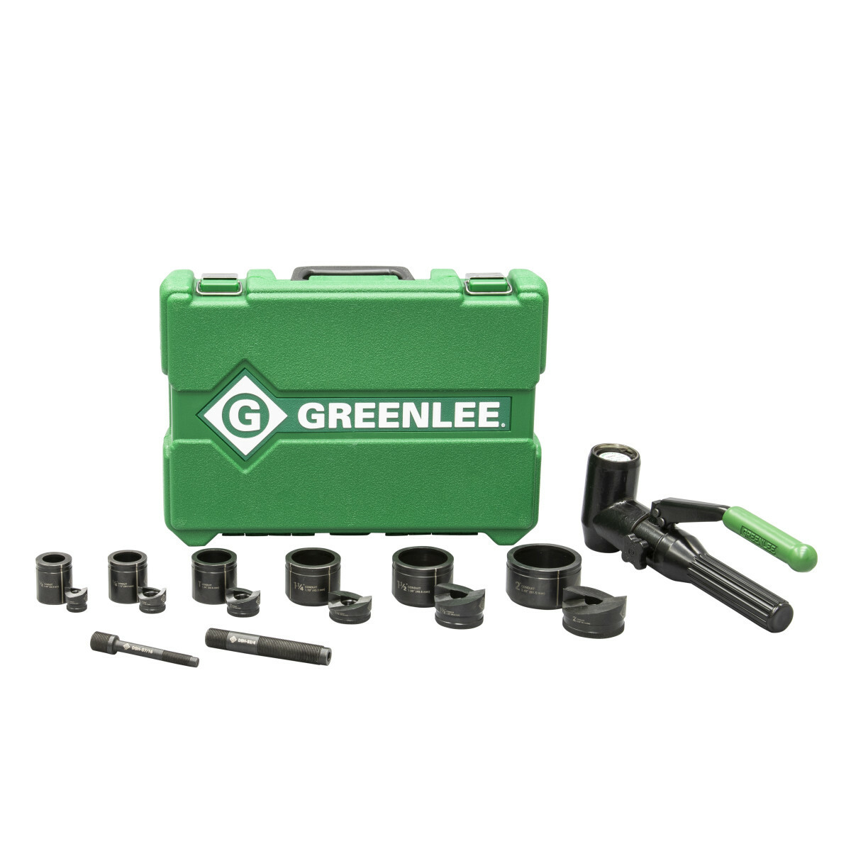 Quick Draw 90 8 ton hydraulic knockout kit with Slug-Buster 1/2"-2".  Compact design for portability and fast, easy one-person operation.  Slug-Buster punch profile splits slugs for easy slug removal.  Knurled edge on punches for better grip.  New die design optimized for widest range of materials and drivers.  Laser markings for quick part identification. Alignment markings for improved accuracy. Easy threading draw studs with "dog point" tip helps eliminate cross-threading. Hex key access for easy removal from tool. Works with all Greenlee knockouts up to 2".  Flex Head allows for maximum flexibility in tight working areas.  Punches, dies, draw studs and case made in the USA.  Driver manufactured in the USA from US and global components.