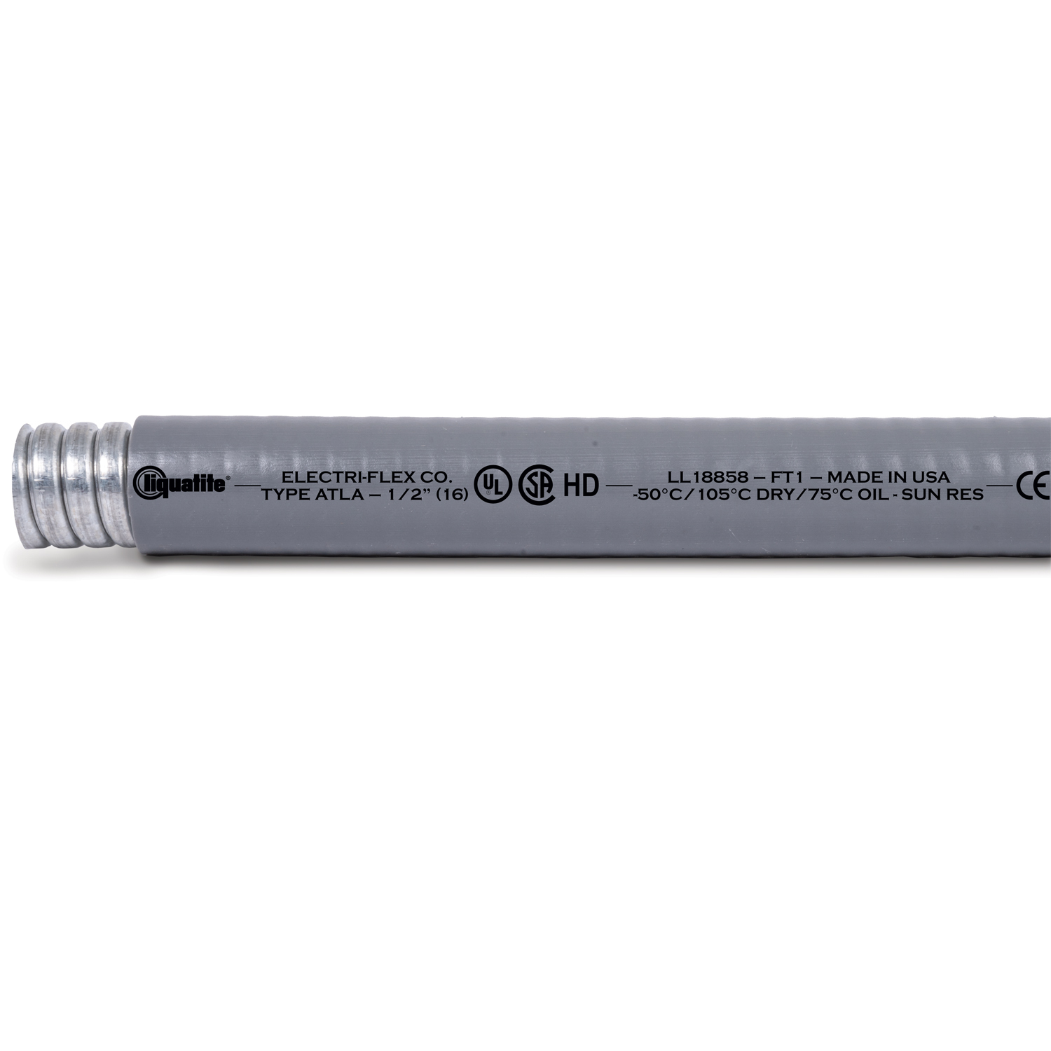 ATLA 11 GRAY 1/2IN.100FT.CTN. A liquidtight flexible steel conduit designed specifically for extreme hot or cold environments. The flexible inner core is identical to that found in Type LA. The specially formulated PVC jacket remains flexible at low temperatures and resists aging at elevated temperatures. It is listed by Underwriters Laboratories Inc. and certified by Canadian Standards Association