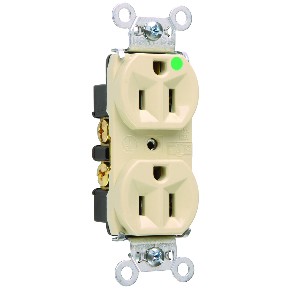 Heavy-Duty Hospital Grade Compact Design Duplex Receptacle Back and, Side Wire 15amp 125voltIvory