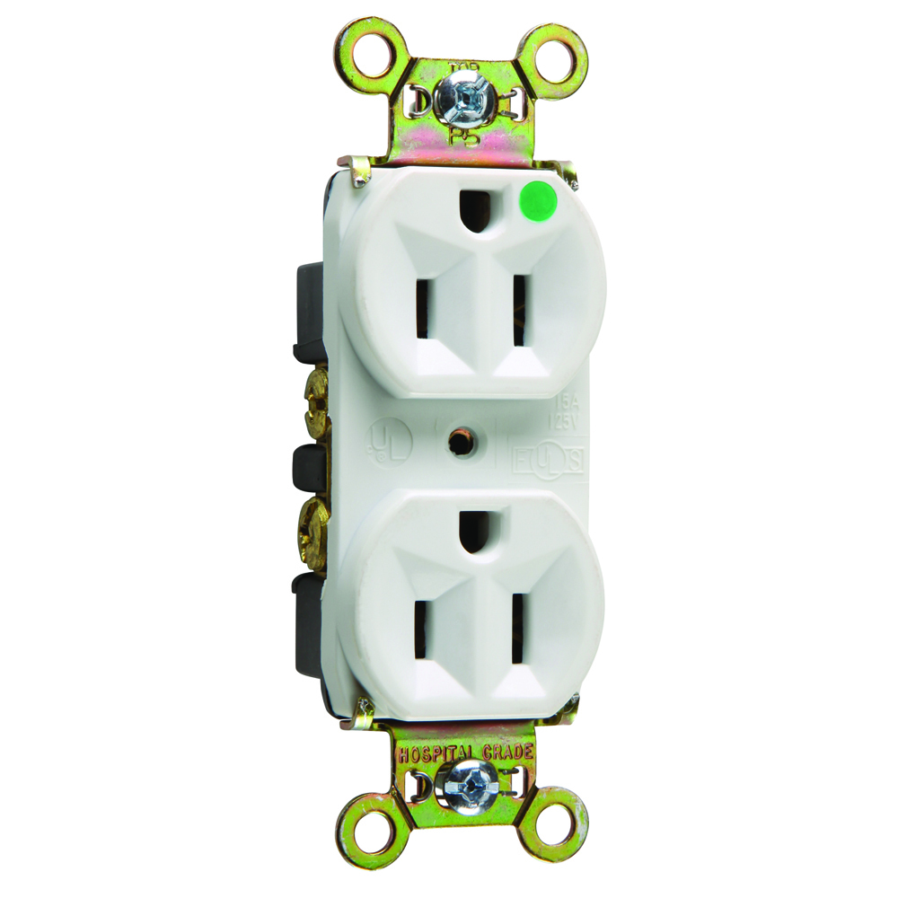 Heavy-Duty Hospital Grade Compact Design Duplex Receptacle Back and, Side Wire 15amp 125volt White