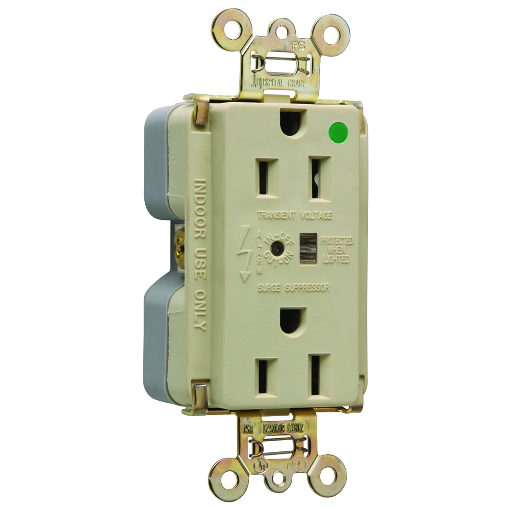 Hospital Grade Surge Protective Duplex Receptacle offers increased transient protection, reliability and protection notification (Audible Alarm with LED Indicator). Back and, Side Wire, 15amp 125volt, Ivory.