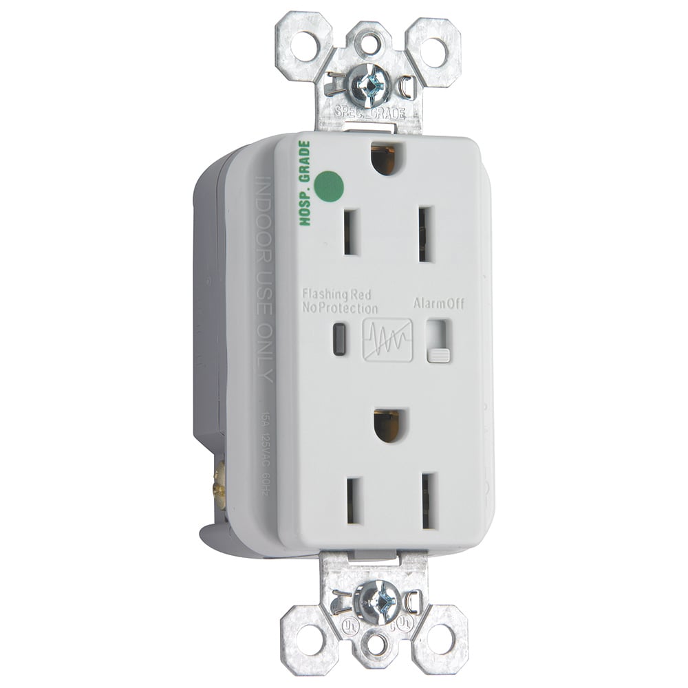Hospital Grade Surge Protective Duplex Receptacle offers increased transient protection, reliability and protection notification (Audible Alarm with LED Indicator). Back and, Side Wire, 15amp 125volt, White.