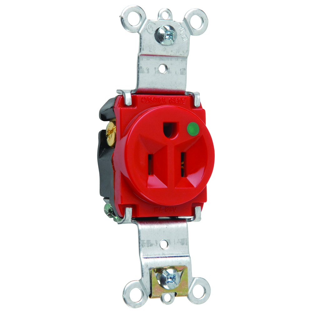 Heavy-Duty Hospital Grade Single Receptacle, Back and, Side Wire, 15amp 125volt, Red