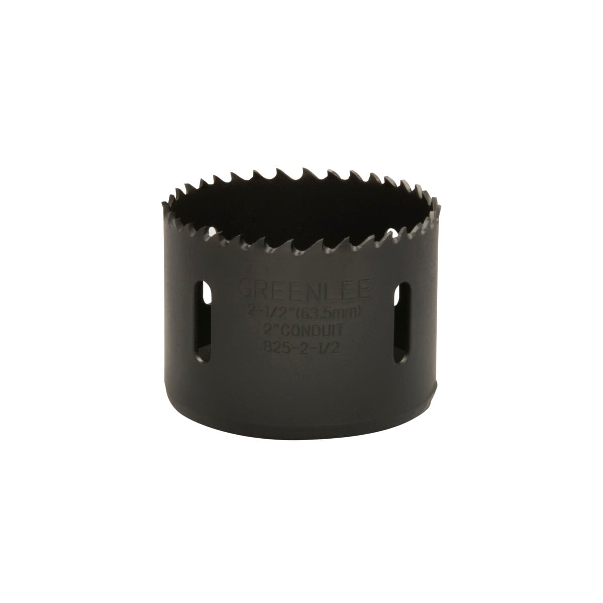 Bi-Metal Hole Saw, Actual Hole Size 2-1/2" (63.5 mm).  Cut through steel, tin, aluminum, fiberglass, wood and plastic.  Deep 1-5/8" (41.3 mm) cutting depth allows for cutting through 2" x 4" wood studs.  Extra-tough bi-metal blade- we use the highest grade oftool steel to outlast competitor's blades. That beats premature saw replacement and saves you money.  Steam oxide finish - no paint to gum up and slow cutting.  The saw runs cooler for longer life and better performance.  Extra-thick backplate minimizes vibration for smoother, easier, less tiring cutting.  Made in USA.