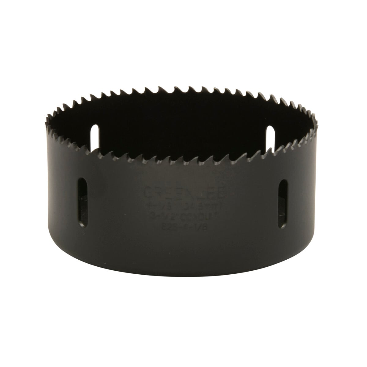 Bi-Metal Hole Saw, Actual Hole Size 3-5/8" (92.1 mm).  Cut through steel, tin, aluminum, fiberglass, wood and plastic.  Deep 1-5/8" (41.3 mm) cutting depth allows for cutting through 2" x 4" wood studs.  Extra-tough bi-metal blade- we use the highest grade oftool steel to outlast competitor's blades. That beats premature saw replacement and saves you money.  Steam oxide finish - no paint to gum up and slow cutting.  The saw runs cooler for longer life and better performance.  Extra-thick backplate minimizes vibration for smoother, easier, less tiring cutting.  Made in USA.