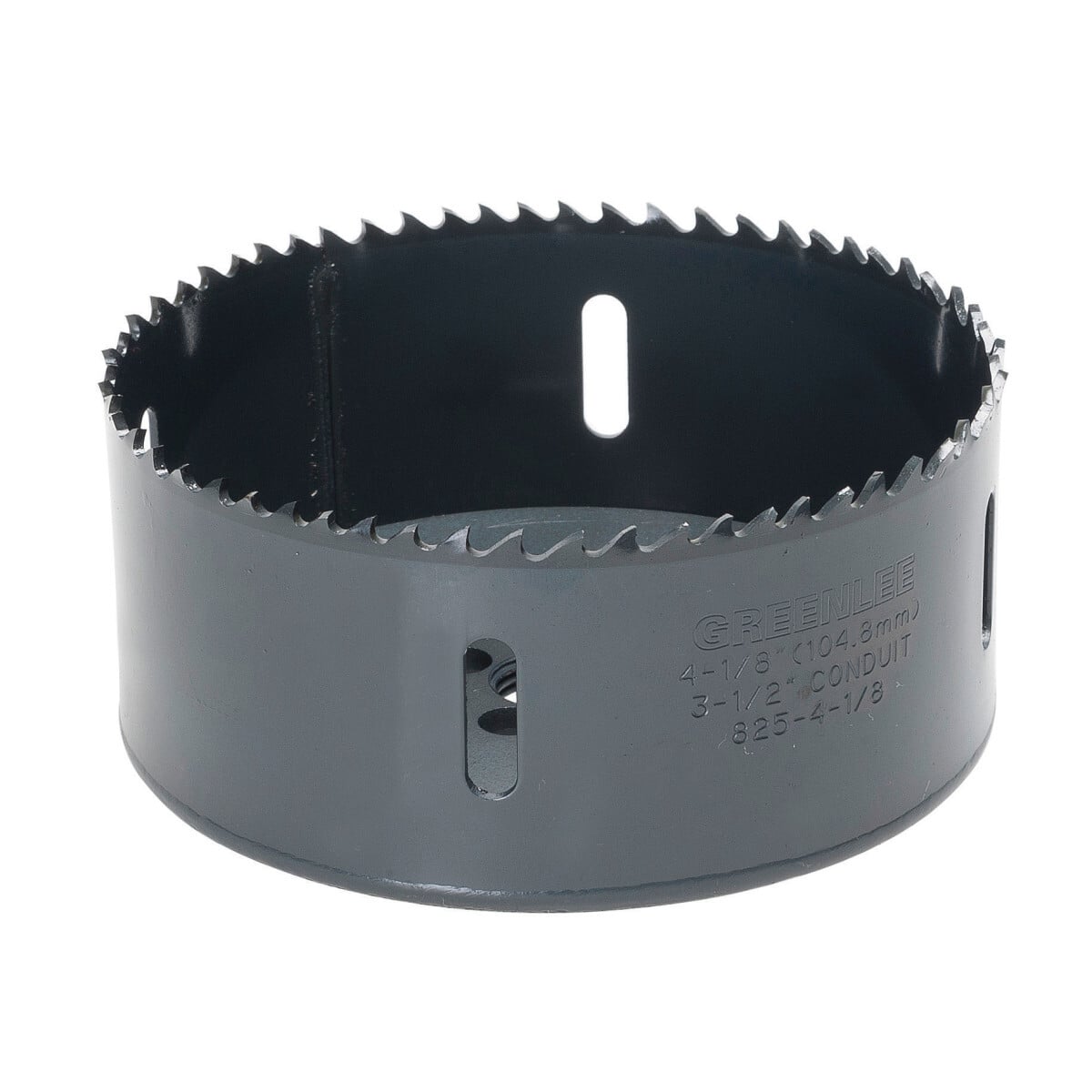 Bi-Metal Hole Saw, Actual Hole Size 4-1/8" (104.8 mm).  Cut through steel, tin, aluminum, fiberglass, wood and plastic.  Deep 1-5/8" (41.3 mm) cutting depth allows for cutting through 2" x 4" wood studs.  Extra-tough bi-metal blade- we use the highest grade oftool steel to outlast competitor's blades. That beats premature saw replacement and saves you money.  Steam oxide finish - no paint to gum up and slow cutting.  The saw runs cooler for longer life and better performance.  Extra-thick backplate minimizes vibration for smoother, easier, less tiring cutting.  Made in USA.