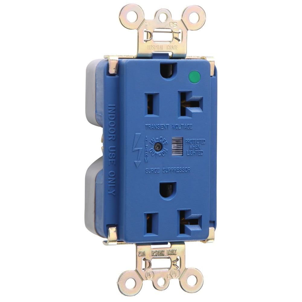 Hospital Grade Surge Protective Duplex Receptacle offers increased transient protection, reliability and protection notification (Audible Alarm with LED Indicator). Back and, Side Wire, 20amp 125volt, Blue.