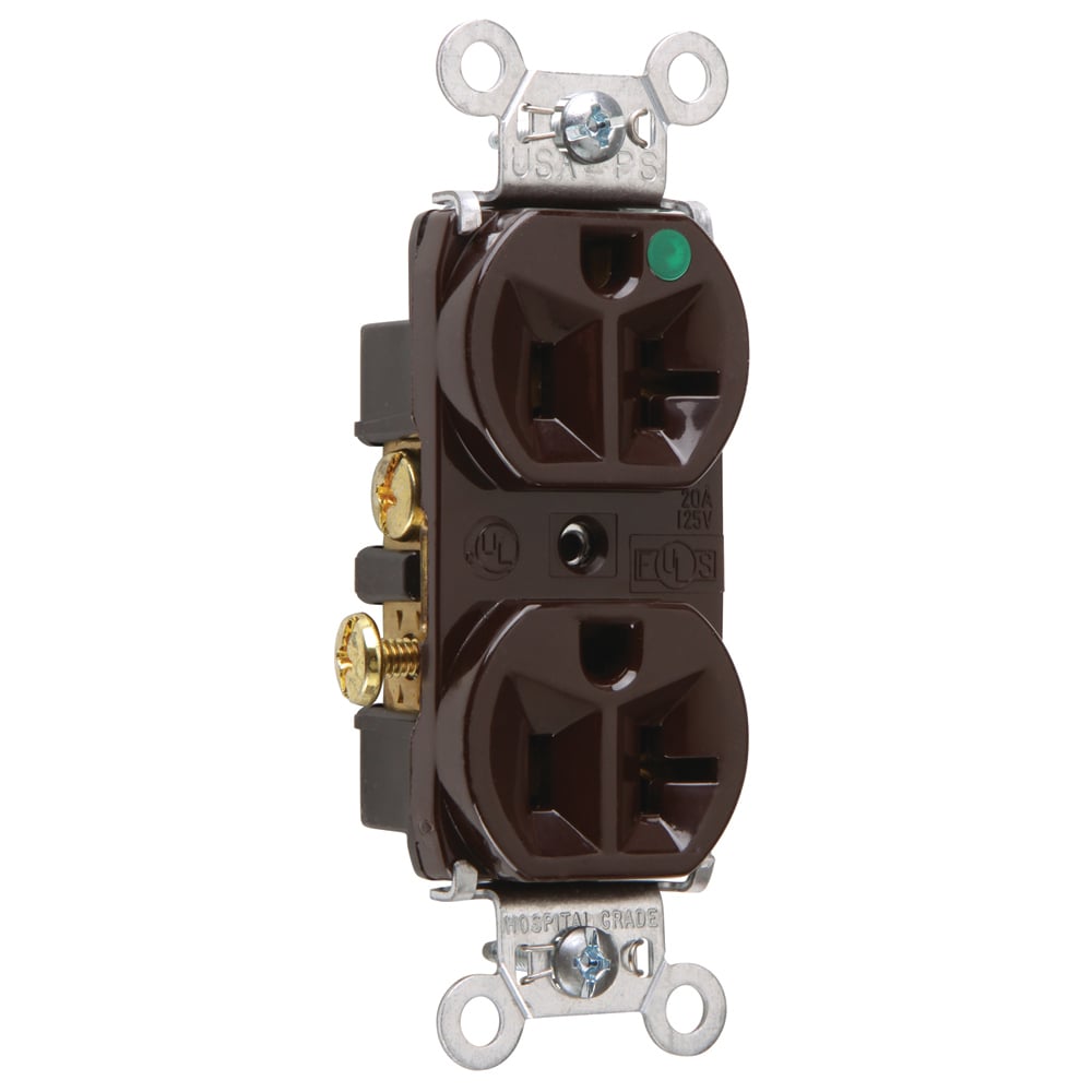 Heavy-Duty Hospital Grade Compact Design Duplex Receptacle Back and, Side Wire 20amp 125volt Brown