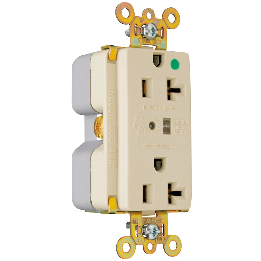 Hospital Grade Surge Protective Duplex Receptacle offers increased transient protection, reliability and protection notification (Audible Alarm with LED Indicator). Back and, Side Wire, 20amp 125volt, Ivory.