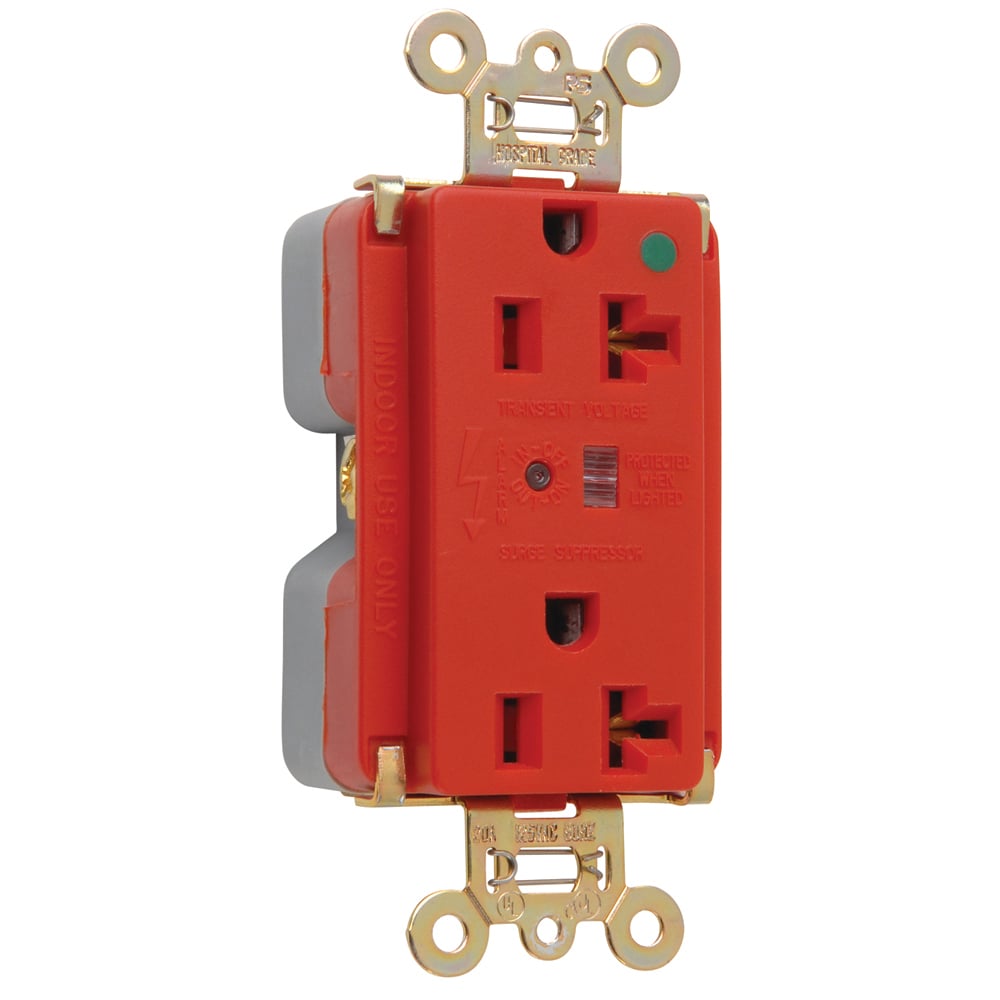 Hospital Grade Surge Protective Duplex Receptacle offers increased transient protection, reliability and protection notification (Audible Alarm with LED Indicator). Back and, Side Wire, 20amp 125volt, Red.