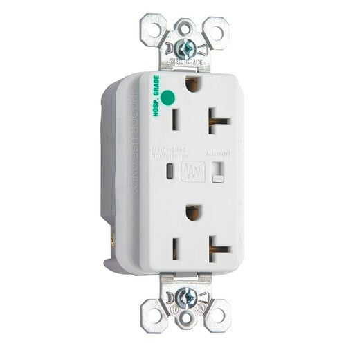 Hospital Grade Surge Protective Duplex Receptacle offers increased transient protection, reliability and protection notification (Audible Alarm with LED Indicator). Back and, Side Wire, 20amp 125volt, White.