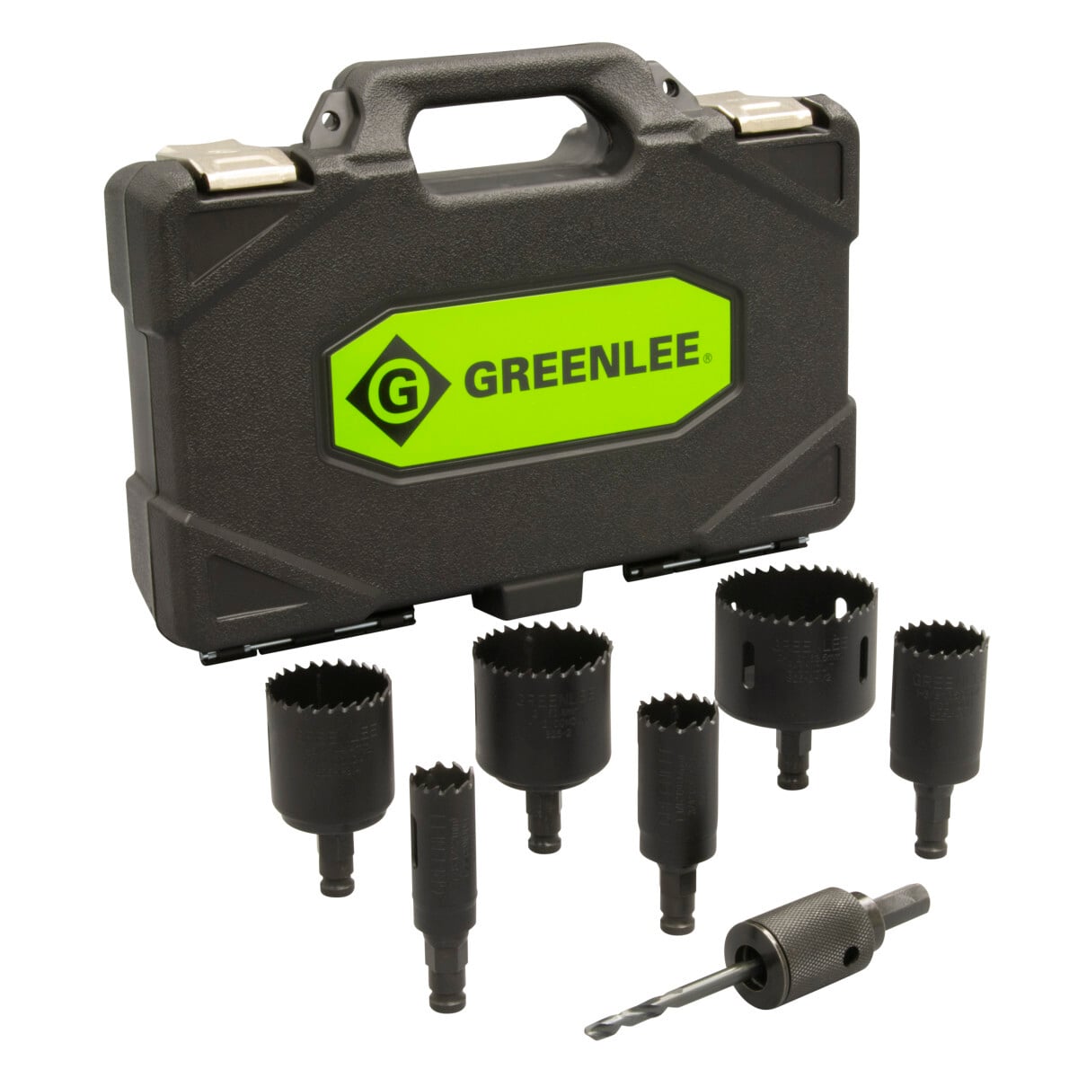 Quick Change Hole Saw Kit.  New arbor allows for rapid mounting or removal of hole saws.  Faster, easier slug removal.  Drill pilot hole without saw.  Eliminates the "bite"" when saw crashes into the steel.  Provides better ergonomics - reduces stress on wrist, arm and hand.  Eliminates obstructed view from hole saw.  Only one arbor required from 7/8" to 6" (7/16" shank recommended for hole saws above 2-1/2").  Works with recessed light and carbide grit hole saw products as well.  Adapters re-usable to minimize costs.  Universal - works with any brand hole saw.  Kit contains Bi-metal holesaws for 1/2" - 2" conduit sizes.