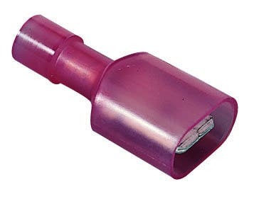 IDEAL, Disconnect Terminal, Fully Insulated, Wire Size: 22 - 18 AWG, Voltage Rating: 300 V, Material: Brass, Nylon, Finish: Tin-Plated, Insulation: 0.150 IN Diameter, Connection: Female, Tab Size: 0.250 IN X 032 IN, Temperature Rating: 105 DEG C