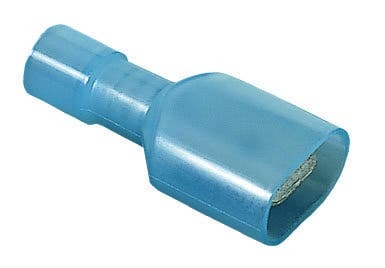 IDEAL, Disconnect Terminal, Terminal Vinyl Fully Insulated, Wire Size: 16 - 14 AWG, Voltage Rating: 300 V, Material: Brass, Nylon, Finish: Tin-Plated, Insulation: 0.185 IN Diameter, Connection: Male, Tab Size: 0.250 IN X 032 IN, Temperature Rating: 105 DEG C