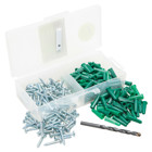 Plastic Conical Anchor Kit.  Anchor size #10, #12.  Screw type C.  Bit size 1/4".  Light-duty, multi-size anchor for use in concrete, block, tile and brick.  Use with sheet metal, woodand lag screws.  Has collar for hollow materials.  Moisture and chemical resistant, for indoor/outdoor use.  Anchor kits include 100 anchors, 100 screws and one masonry bit.