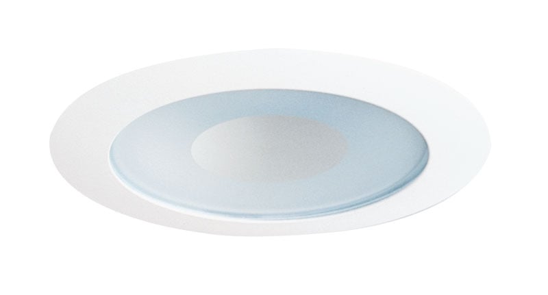 Juno 4-inch recessed shower trim has frosted glass and a white trim. It is ideal for applications where general lighting is needed in a damp or wet environment. Easy to install into JUNO housings.